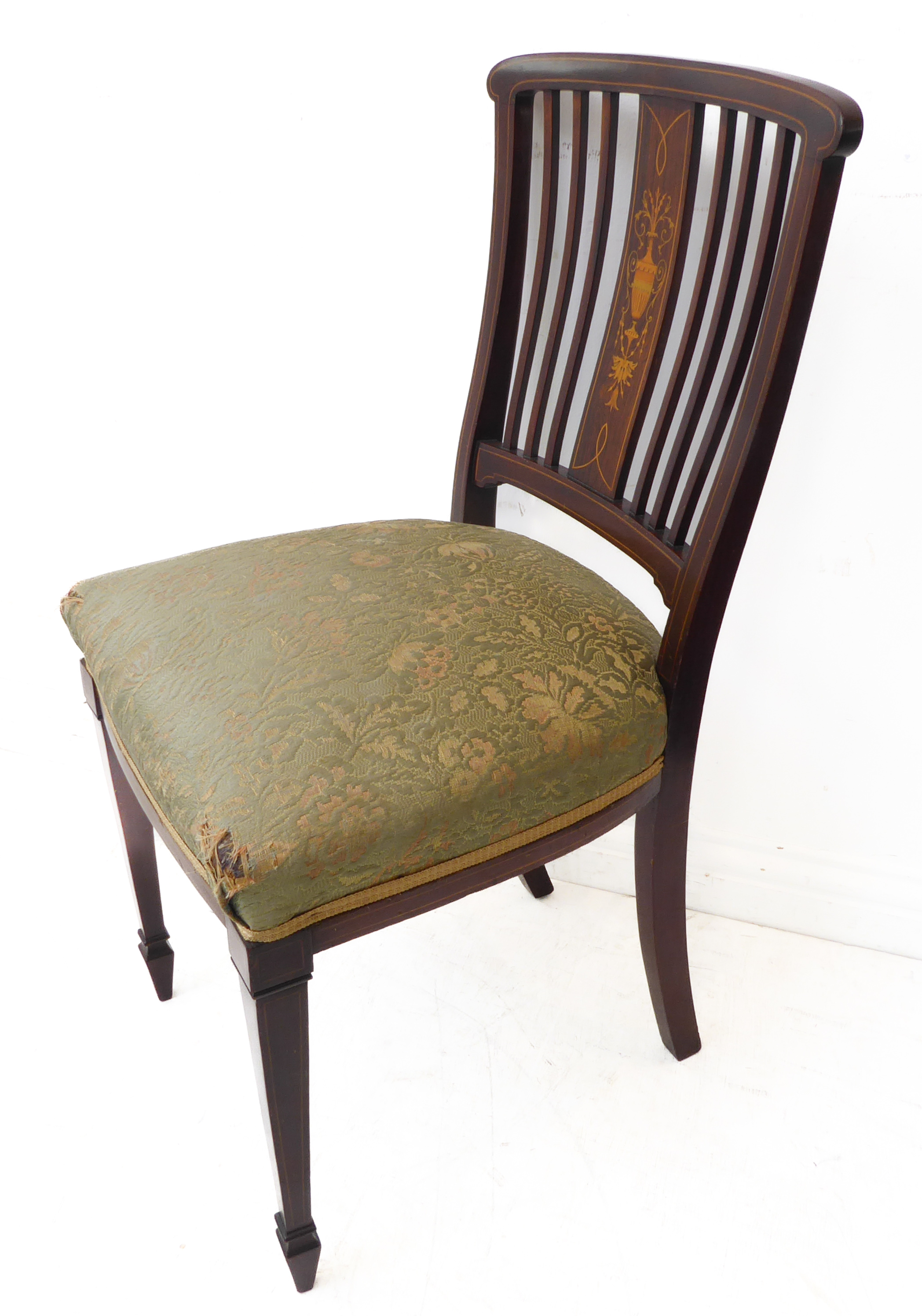 A good set of four Edwardian mahogany and boxwood strung salon chairs; each with central vertical - Image 2 of 6
