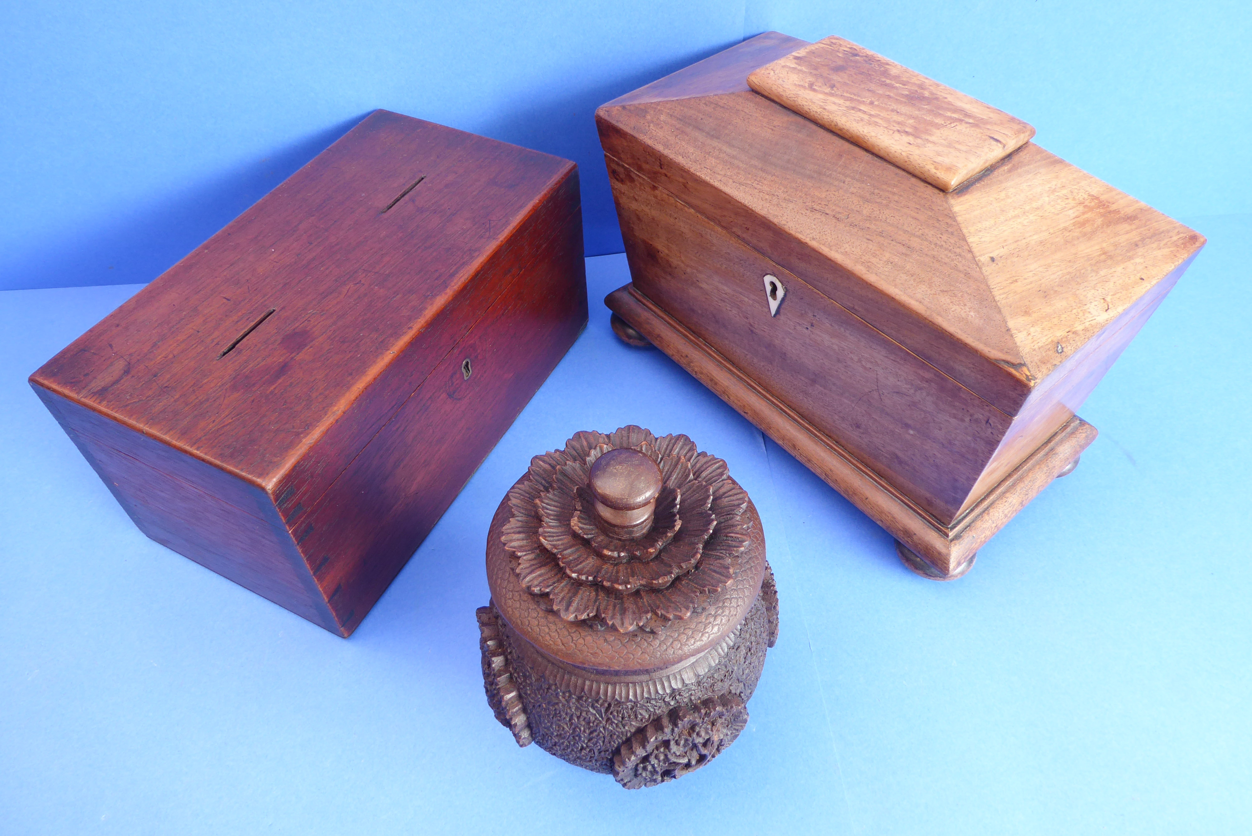 An early 19th century sarcophagus-shaped two-division faded rosewood tea caddy, together with a 19th - Image 2 of 4