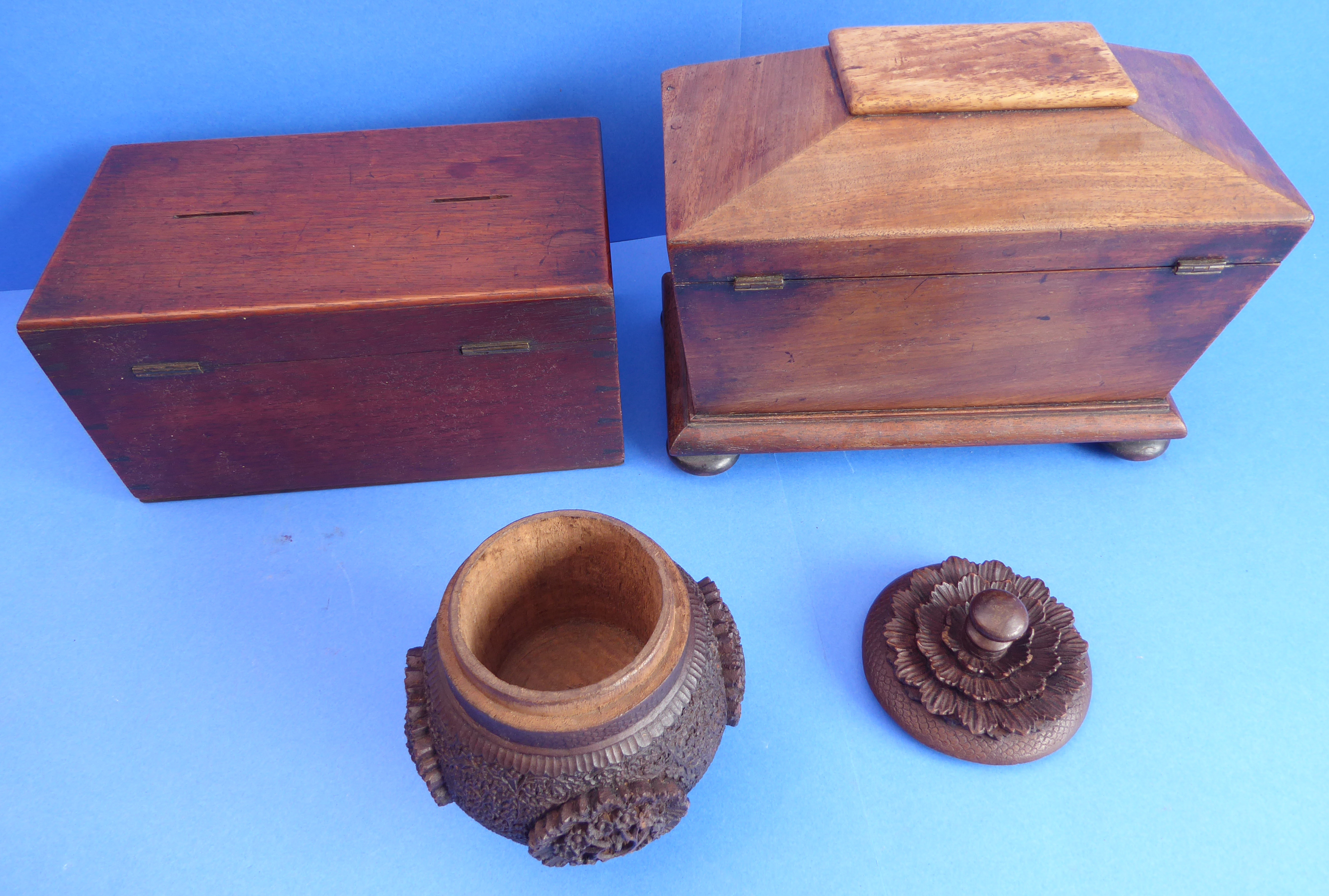 An early 19th century sarcophagus-shaped two-division faded rosewood tea caddy, together with a 19th - Image 4 of 4