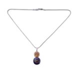 A large silver amethyst and gemstone-set pendant and silver chain