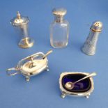 Hallmarked silver comprising: a matching mustard and salt (both with blue glass liner and spoon);