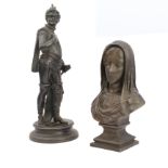 Two circa 1900 spelter figures, Sir Francis Drake and a bust of the Madonna (41 and 31 cm high)