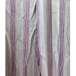 A pair of cream linen-type curtains with burgundy stripes; pinch pleat heading, waterproof lining (