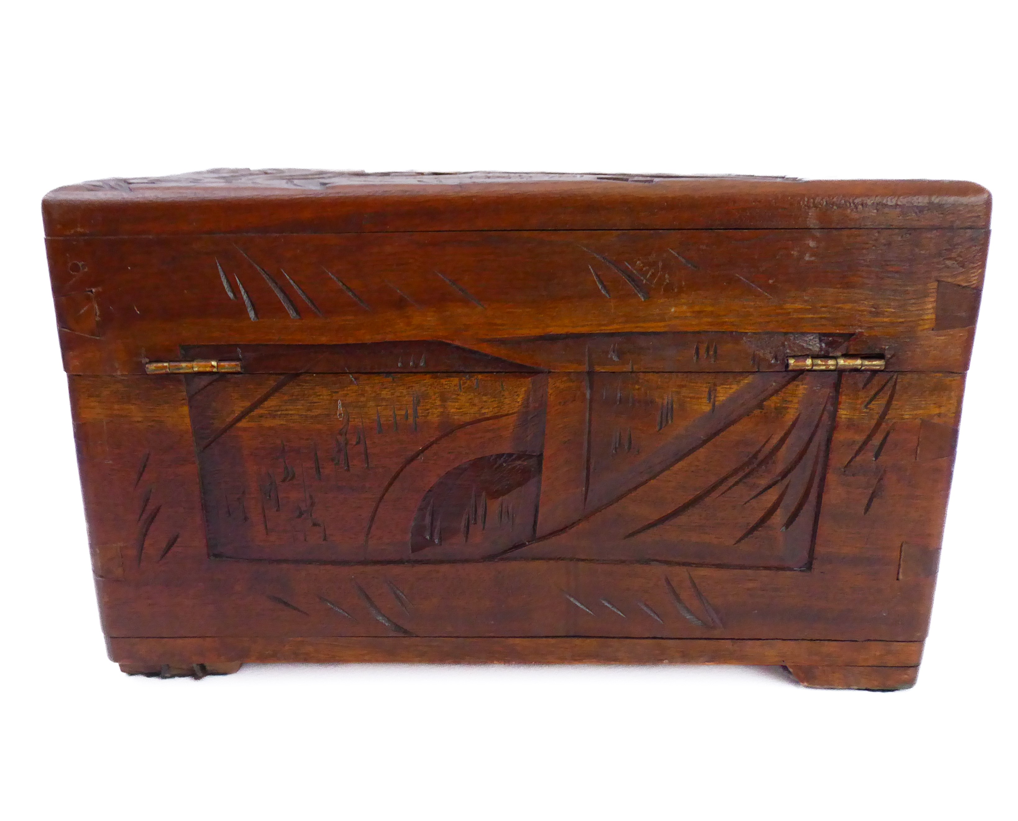 A Chinese casket with carved exterior, an Art Deco musical cigar box and a turned alabaster bowl ( - Image 5 of 13