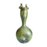 A circa 1900 Loetz iridescent glass vase with silver overlay as sinuous flowers (chip to rim)