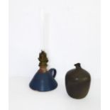 A studio pottery oil lamp with TL impressed mark and a studio pottery vase (2)