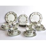 A six-place Sutherland China tea-service comprising cups and saucers (one cup cracked), 17 cm side