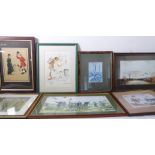 Ten decorative framed and glazed pictures and prints including humorous and satirical examples
