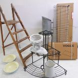 An assortment to include a step ladder, various enamelware, a 19th century style (later) three-