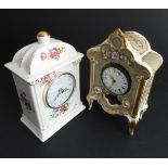 A hand-gilded and decorated Dresden porcelain-cased mantle clock (21.5cm high), together with a