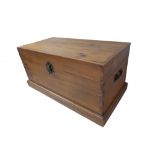 A stained wood Oriental chest: two iron carrying handles, exposed dovetails and on plinth base (86cm