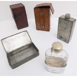 A leather-cased cut-glass and silver plate hunting flask and a leather-cased sandwich box and