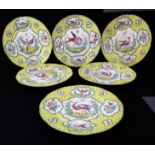 Six porcelain cabinet plates in the Chelsea style (probably continental): white ground with yellow