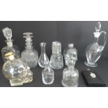 Assorted glassware comprising: two decanters, one with mushroom stopper (25 cm high), the other with