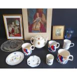 A mixed lot comprising Royal commemorative ceramics, glassware and three prints of the young Queen