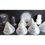 Eleven glass lampshades and a frosted glass shallow dish: a set of 6 thick conical frosted-glass