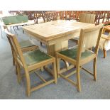 An Art Deco period bleached table and four chairs: draw-leaf table above a stylised brace. (