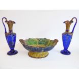A 19th century two-handled majolica pedestal bowl, together with a pair of early 20th century