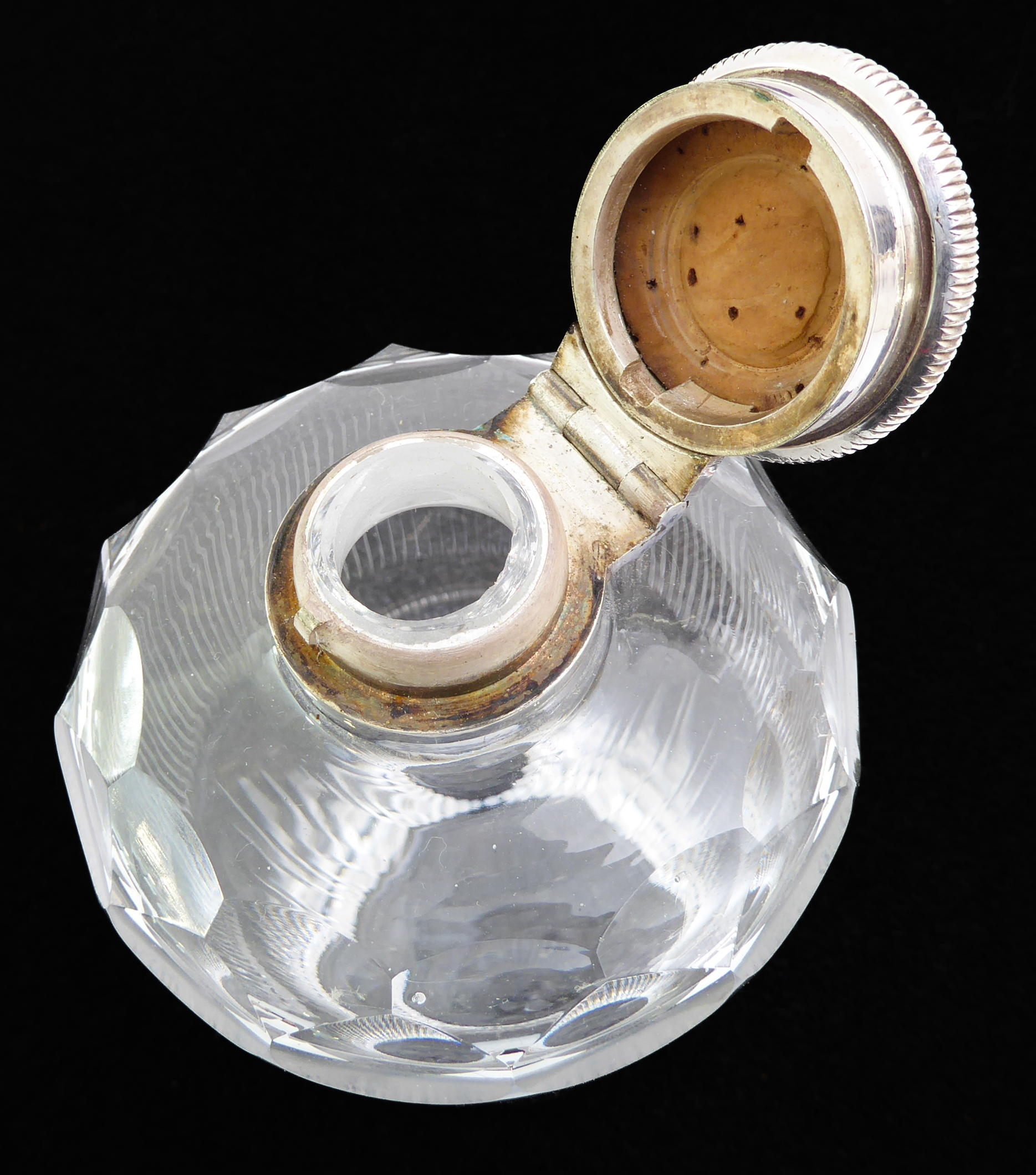 A leather-cased silver-plate and finely cut glass travel flask with two matched silver-plated, - Image 3 of 7