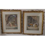 After LUCIUS ROSSI - The Ladies' Education, coloured lithograph, a pair, decorative gilt-gesso