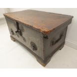 An 18th century walnut and iron-mounted silver chest/strong box in Spanish style: the lid with strap