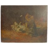 An unframed, 19th century oil on canvas study of two kittens at play with a butterfly (41cm x 51cm)
