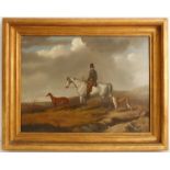 Circle of DAVID DALBY - a gentleman mounted upon his grey hunter in a landscape with his greyhounds,