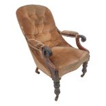 A mid-19th century rosewood and buttonback-upholstered nursing chair: serpentine front rail and