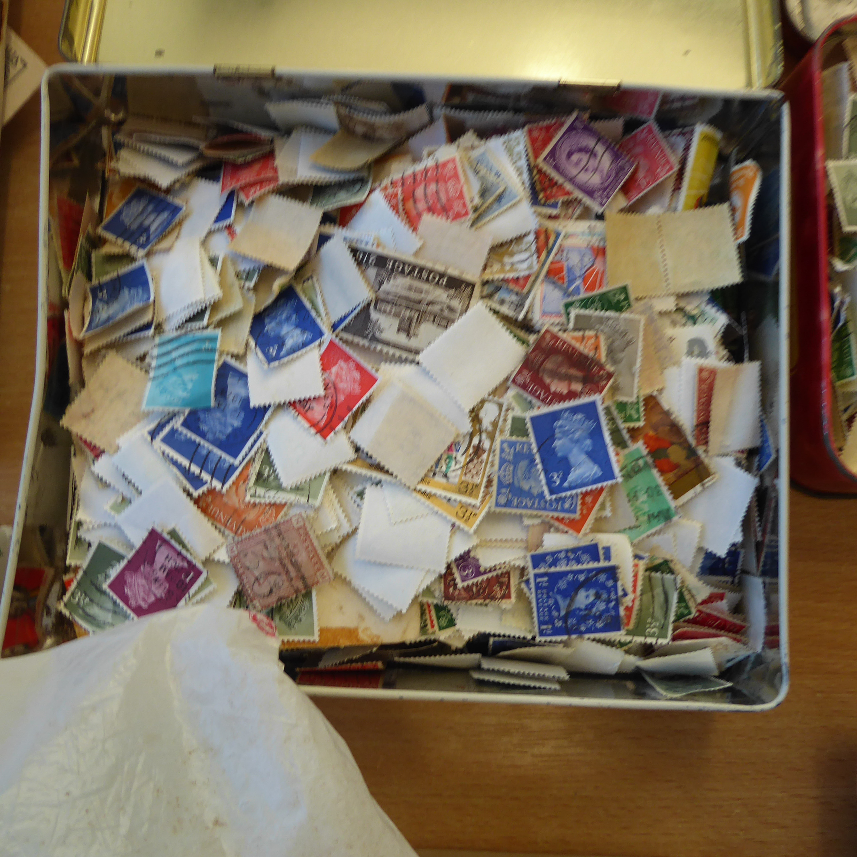 Two boxes of loose stamps in packets and tins, plus First Day Covers etc. - Image 6 of 16