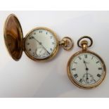 A gold-plate-cased full-hunter keyless-wind pocket watch: white-enamel dial with Arabic numerals and