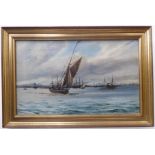 19th century English School - Busy harbour scene at daybreak, oil on canvas (10 x 16in; 25 x