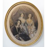 Mid 19th century English School -- Triple three-quarter length portrait of a lady seated in an