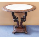 An interesting oval 19th century carved oak centre table: marble inset top above acanthus carved
