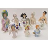 Twelve, mostly continental, porcelain pincushion half-dolls. The largest, a 1920s female nude