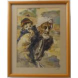 An Orientalist watercolour study of a bearded man with turban carrying a child upon his back (26cm x