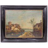 18th century Venetian School, circle of Guardi - A busy Italian quayside scene with craft on a river