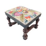 A good and large 19th century walnut stool in early style: later upholstered very fine floral