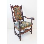 A good late 17th century style (probably late 19th/early 20th century) walnut open armchair: floral,