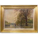 JOHN HORWOOD (British, b. 1934), a gilt-framed oil on canvas, figures promenading down a rainy
