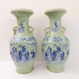 A pair of Chinese 19th century (Qing Dynasty) two-handled porcelain vases: overall celadon glaze and