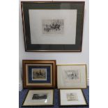 Five framed and glazed prints: JOHN KAY, copperplate etching, 'Vincent Lunardi's 1785 Ascent from