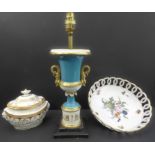 A group of three comprising: a French-Empire-style turquoise and gilded table lamp of campana