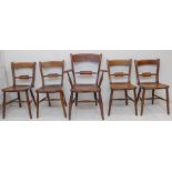 A matched set of five (4+1) late 19th century Oxford chairs: each with shaped elm seat of fine