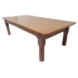 A good oak coffee table: overhanging top above chamfered legs (160cm wide x 74cm deep x 46cm high)