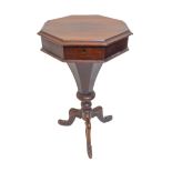 A mid-19th century octagonal rosewood work-table: tapering stem; tripod base; to include contents (