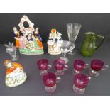 A mixed lot of ceramics and glassware: 19th century Staffordshire ceramics to include a watch-