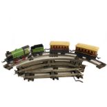 A Hornby Meccano train set: green locomotive; two Pullman carriages, 'Marjorie' and 'Aurelia';