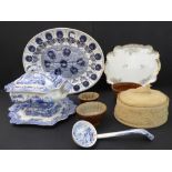 A selection comprising: a 19th century oval game-pie dish; three 19th century stoneware salt-glaze