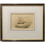 18th century English School - A Navy sloop running with the wind, watercolour vignette (4½ x 6½in;