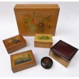 A selection of six 19th and early 20th century treen boxes to include examples with floral